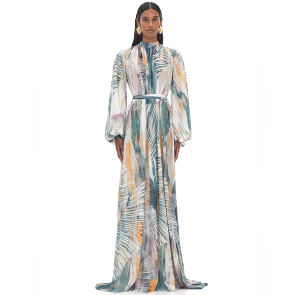 NWT Andrea Iyamah Sade Cover Up Chiffon Maxi Dress Size S/M (US 6-10) Blue/Gold - Picture 14 of 16